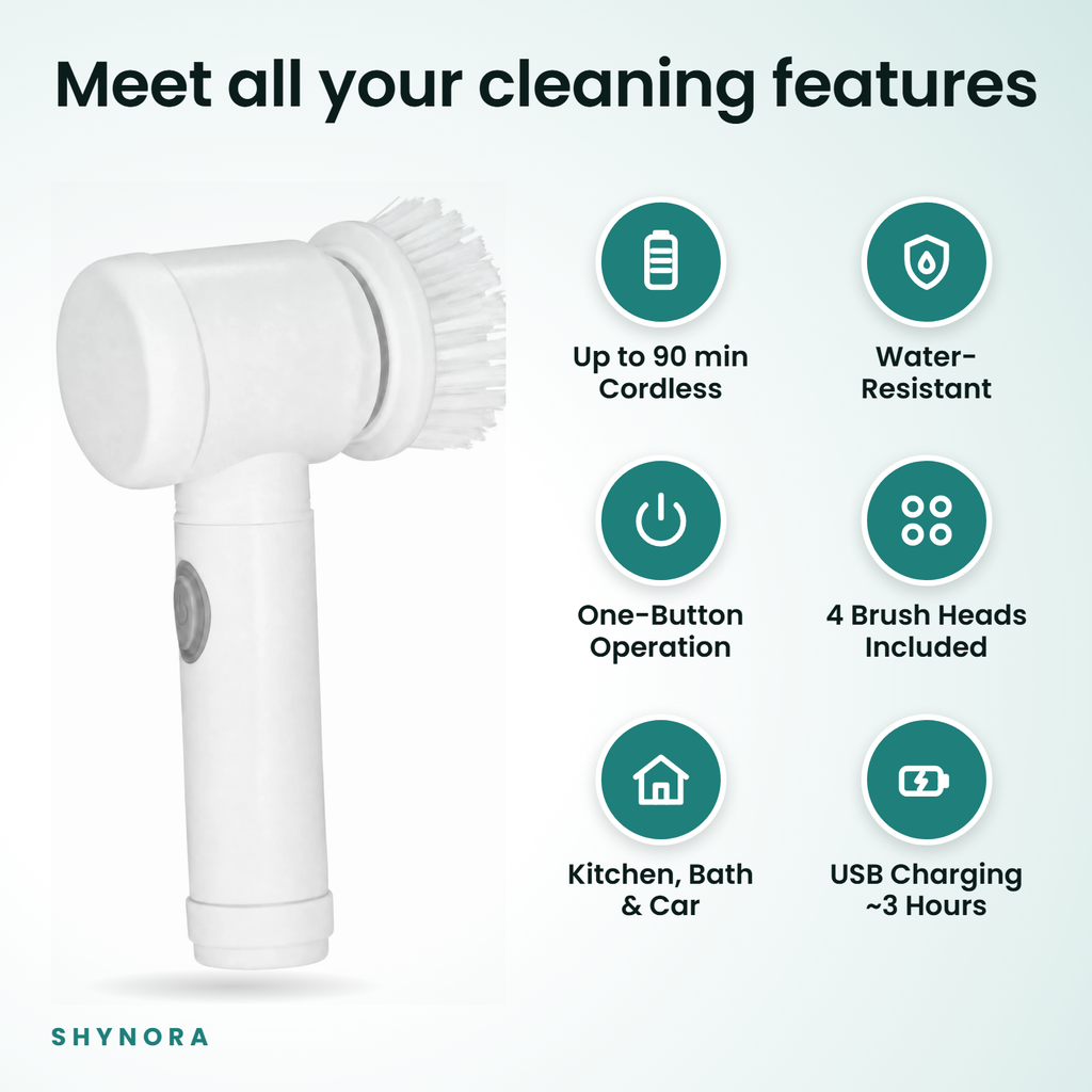 Shynora scrubber features: up to 90 min cordless, water-resistant, one-button, 4 brush heads, kitchen, bath and car, USB charging
