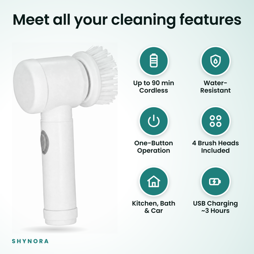 Shynora scrubber features: up to 90 min cordless, water-resistant, one-button, 4 brush heads, kitchen, bath and car, USB charging
