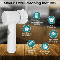 Shynora electric scrubber features: rechargeable battery, waterproof, one-button operation, lightweight design