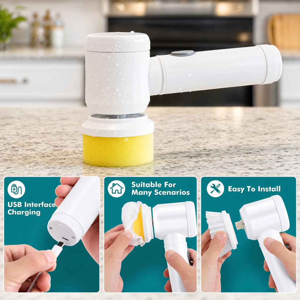 Shynora scrubber: USB charging, works in many places, brush heads click on easily